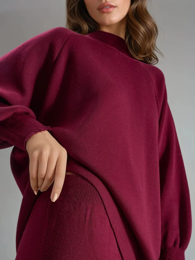 My Fashion Burgundy Red MY FASHION Loose Fit Sweater & Pants Knit Co-ord Set for Women | Best Price UAE